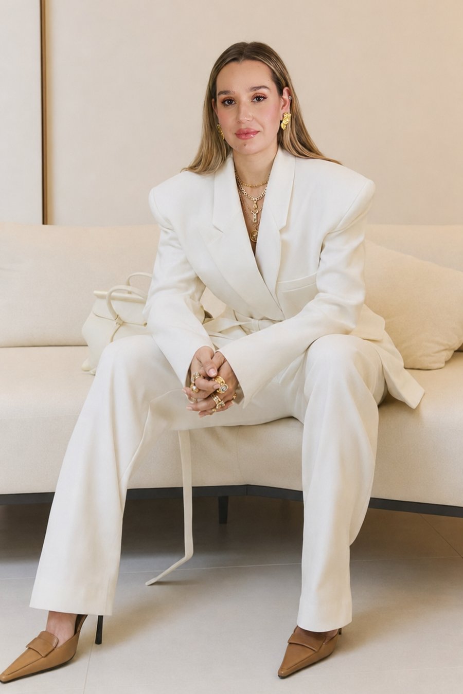 Dra. Mariana Luiz da Silva sentada, de terno branco, em ambiente de luz natural.